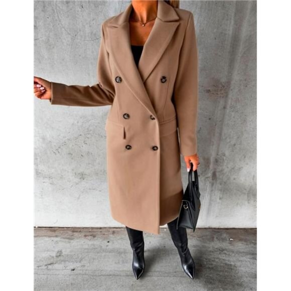 Womens Long Wool Coat Double Breasted Trench Coat Light Brown - Picture 4 of 4